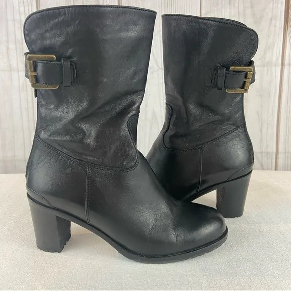 Varda Italian Black Lambskin Genuine Leather Heeled Boots with Bronze Buckle 6