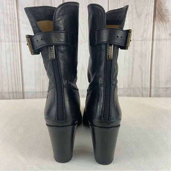 Varda Italian Black Lambskin Genuine Leather Heeled Boots with Bronze Buckle 6