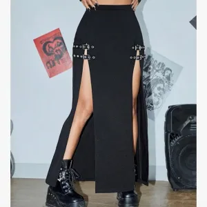 vegan leather buckle long high waisted skirt goth punk sexy club bondage slit