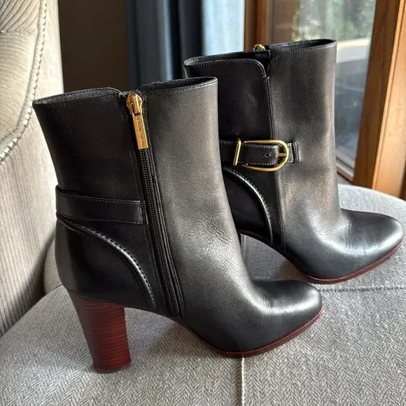 Veronica Beard Black Heeled Boots with Gold Buckle