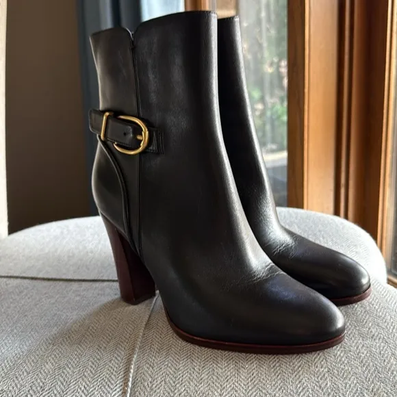 Veronica Beard Black Heeled Boots with Gold Buckle