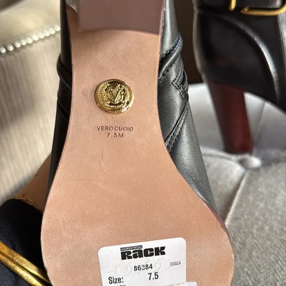 Veronica Beard Black Heeled Boots with Gold Buckle