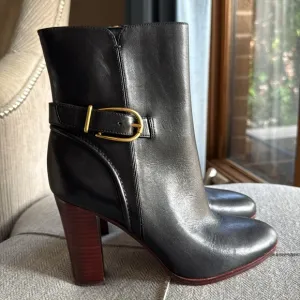 Veronica Beard Black Heeled Boots with Gold Buckle