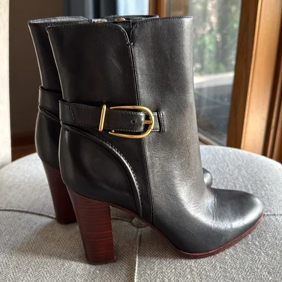 Veronica Beard Black Heeled Boots with Gold Buckle