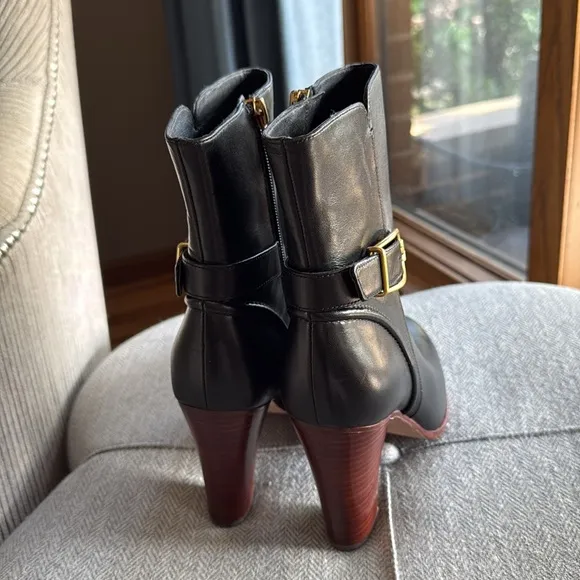 Veronica Beard Black Heeled Boots with Gold Buckle