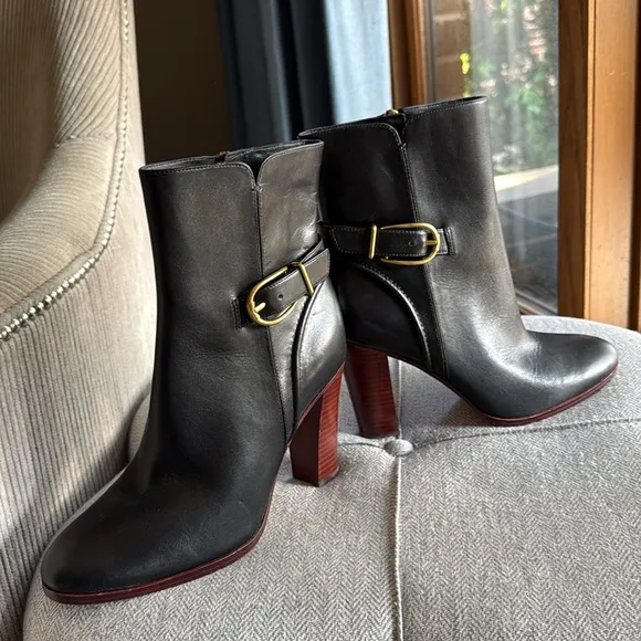 Veronica Beard Black Heeled Boots with Gold Buckle