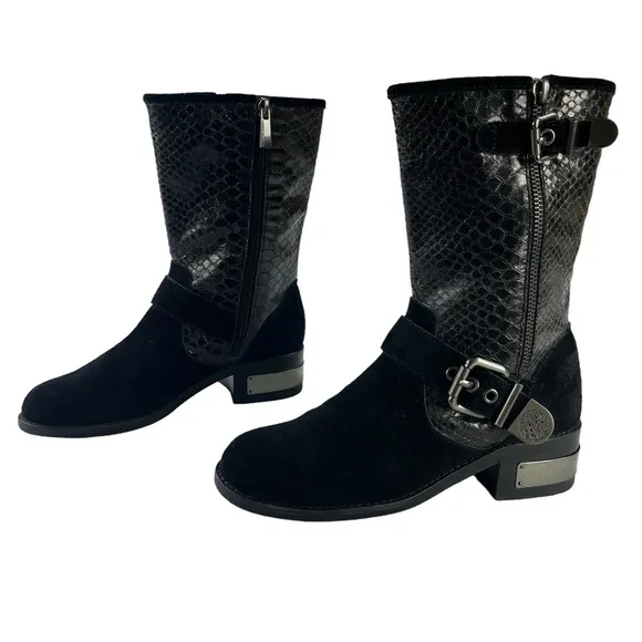 Vince Camuto Witty 2 Black Leather Snake Embossed Moto Boots Womens‎ Size 6.5
