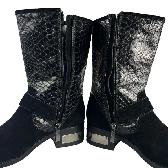 Vince Camuto Witty 2 Black Leather Snake Embossed Moto Boots Womens‎ Size 6.5