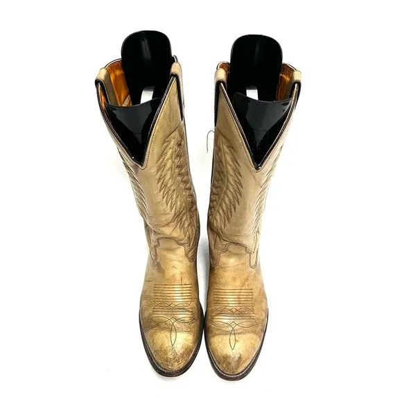 Vintage 1970s men’s tan leather rugged mid calf pull on western cowboy boots
