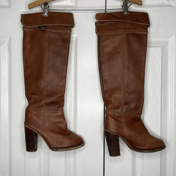 Vintage 70s Zodiac Hippie Campus Wooden Heel  Tall Over The Knee Boots Size 5