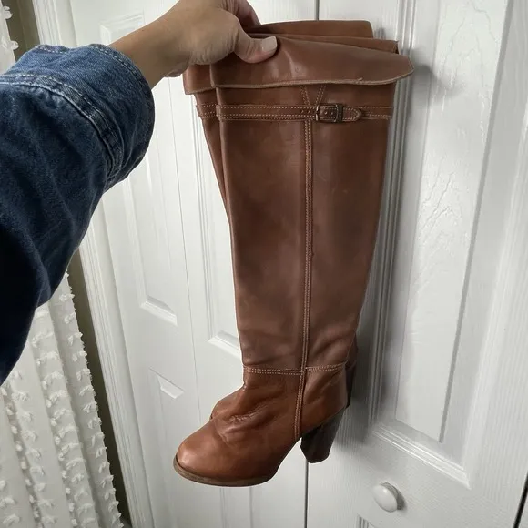 Vintage 70s Zodiac Hippie Campus Wooden Heel  Tall Over The Knee Boots Size 5