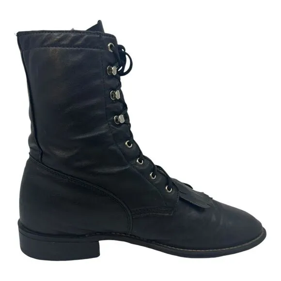 Vintage ACME Women’s Cowboy Kiltie Boots Lace Up Black Leather 6.5M USA Made