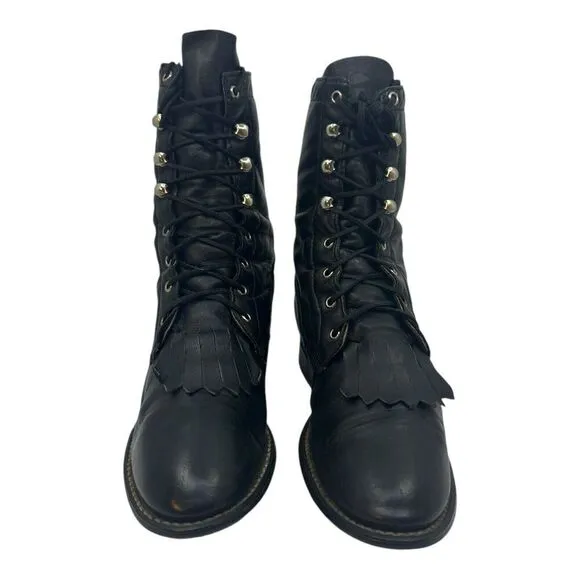 Vintage ACME Women’s Cowboy Kiltie Boots Lace Up Black Leather 6.5M USA Made
