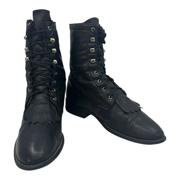 Vintage ACME Women’s Cowboy Kiltie Boots Lace Up Black Leather 6.5M USA Made