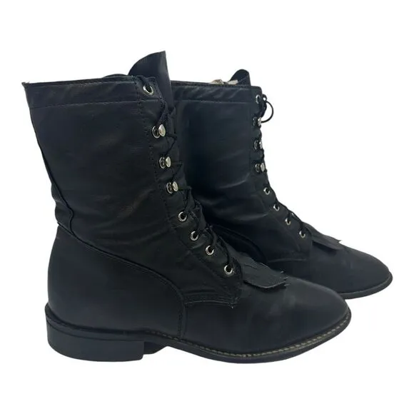Vintage ACME Women’s Cowboy Kiltie Boots Lace Up Black Leather 6.5M USA Made