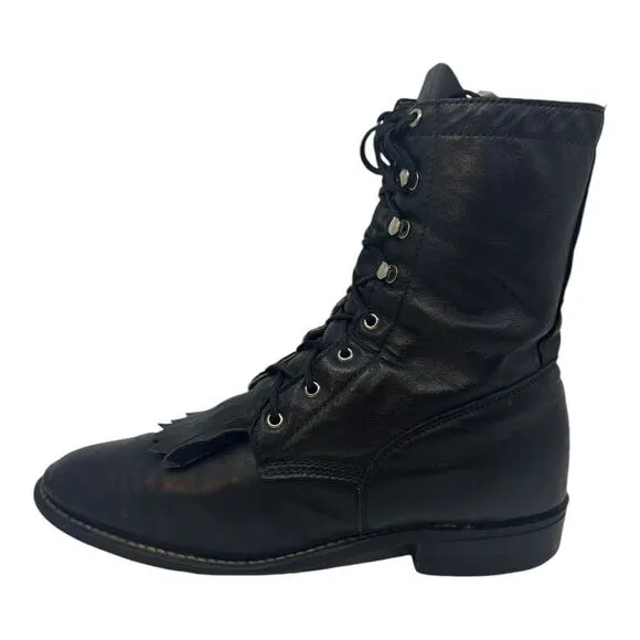 Vintage ACME Women’s Cowboy Kiltie Boots Lace Up Black Leather 6.5M USA Made