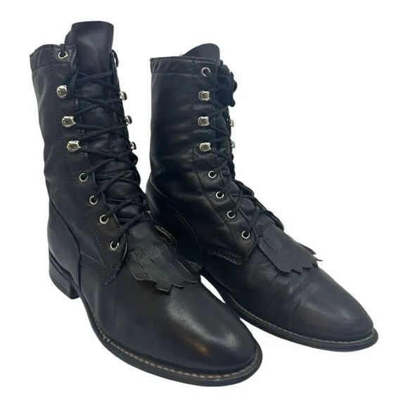 Vintage ACME Women’s Cowboy Kiltie Boots Lace Up Black Leather 6.5M USA Made