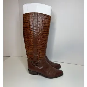 Vintage Bandolino Italian Leather Croc Embossed Knee High Riding Boots Designer