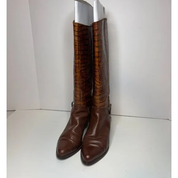 Vintage Bandolino Italian Leather Croc Embossed Knee High Riding Boots Designer