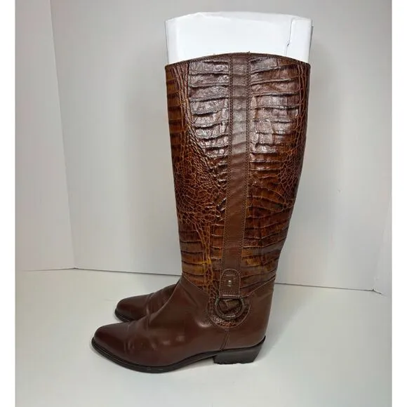 Vintage Bandolino Italian Leather Croc Embossed Knee High Riding Boots Designer