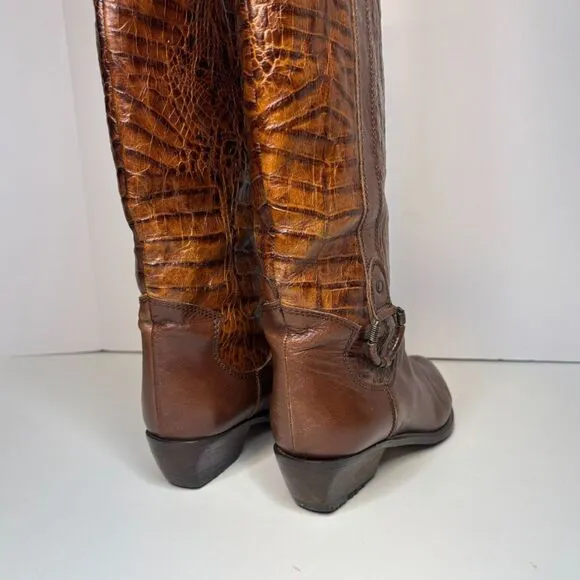 Vintage Bandolino Italian Leather Croc Embossed Knee High Riding Boots Designer
