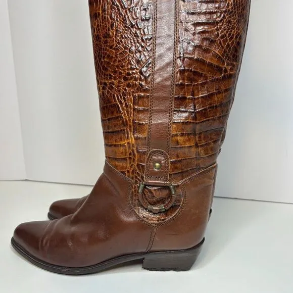 Vintage Bandolino Italian Leather Croc Embossed Knee High Riding Boots Designer