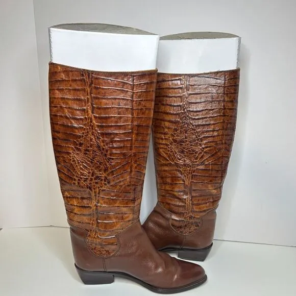 Vintage Bandolino Italian Leather Croc Embossed Knee High Riding Boots Designer