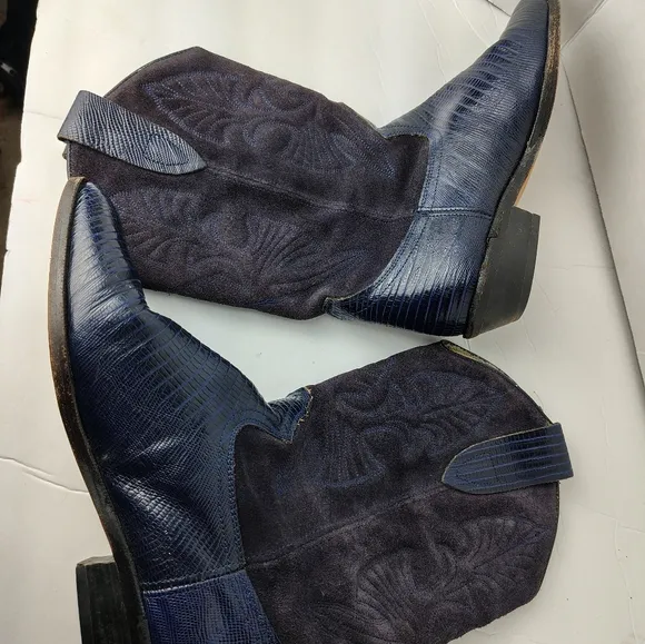 Vintage Brass Plum Shoes Suede Leather Alligator Boots Womens Sz 8.5 Blue Purple