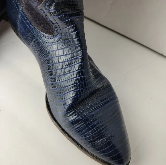 Vintage Brass Plum Shoes Suede Leather Alligator Boots Womens Sz 8.5 Blue Purple