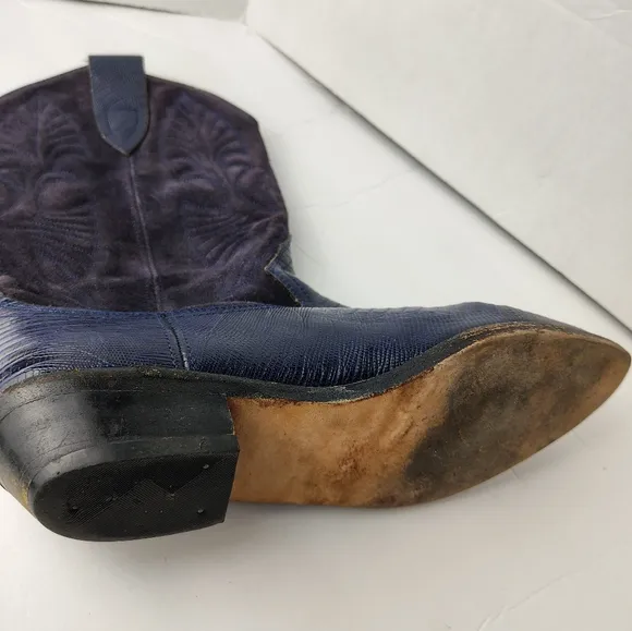 Vintage Brass Plum Shoes Suede Leather Alligator Boots Womens Sz 8.5 Blue Purple
