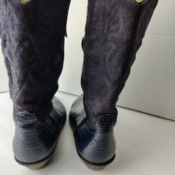 Vintage Brass Plum Shoes Suede Leather Alligator Boots Womens Sz 8.5 Blue Purple
