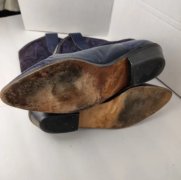 Vintage Brass Plum Shoes Suede Leather Alligator Boots Womens Sz 8.5 Blue Purple