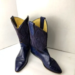 Vintage Brass Plum Shoes Suede Leather Alligator Boots Womens Sz 8.5 Blue Purple