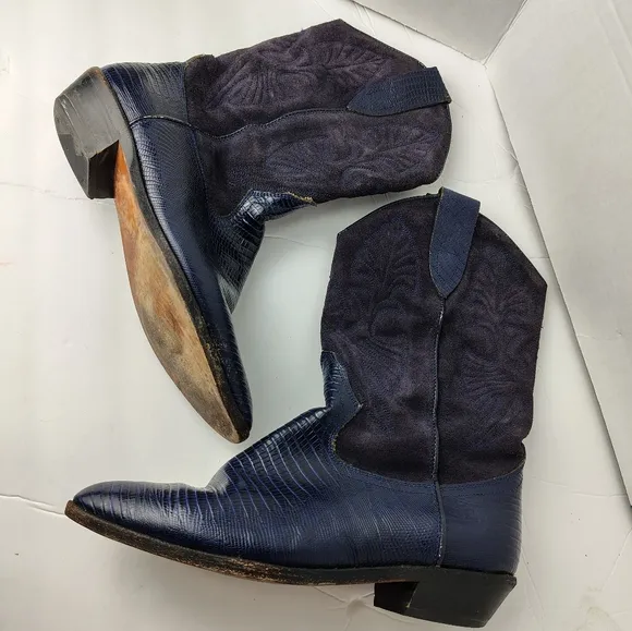 Vintage Brass Plum Shoes Suede Leather Alligator Boots Womens Sz 8.5 Blue Purple