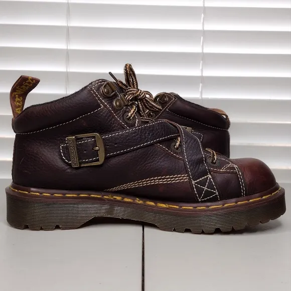 Vintage Dr. Martens Brown Leather Buckle Crisscross Chunky Lace Up Boots Sz 9