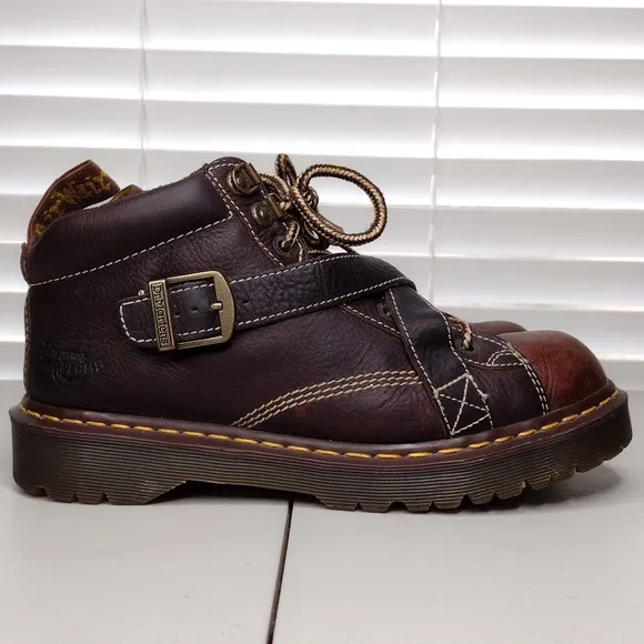 Vintage Dr. Martens Brown Leather Buckle Crisscross Chunky Lace Up Boots Sz 9