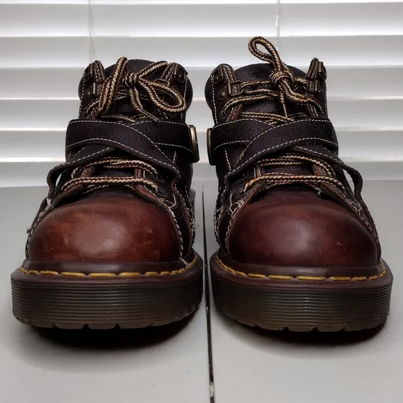 Vintage Dr. Martens Brown Leather Buckle Crisscross Chunky Lace Up Boots Sz 9