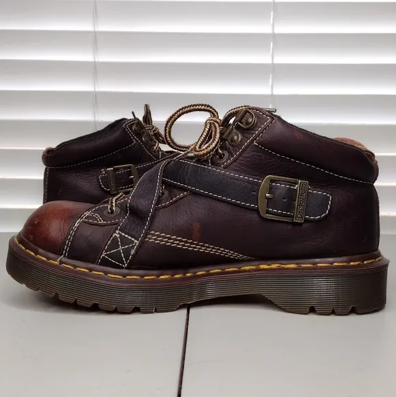 Vintage Dr. Martens Brown Leather Buckle Crisscross Chunky Lace Up Boots Sz 9