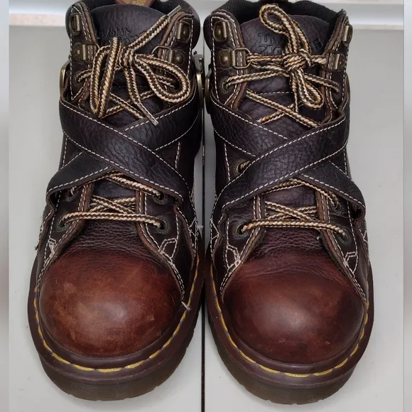 Vintage Dr. Martens Brown Leather Buckle Crisscross Chunky Lace Up Boots Sz 9