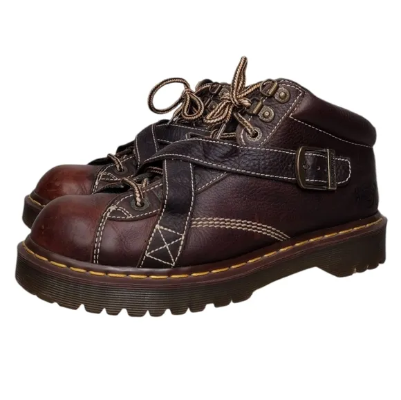 Vintage Dr. Martens Brown Leather Buckle Crisscross Chunky Lace Up Boots Sz 9