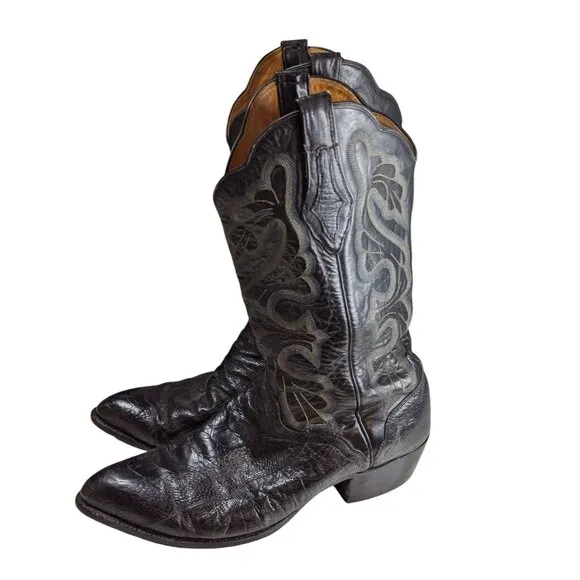 Vintage El Dorado Cowboy Boots Ostrich Leg 10.5 EE Black Leather Western Wear Fo
