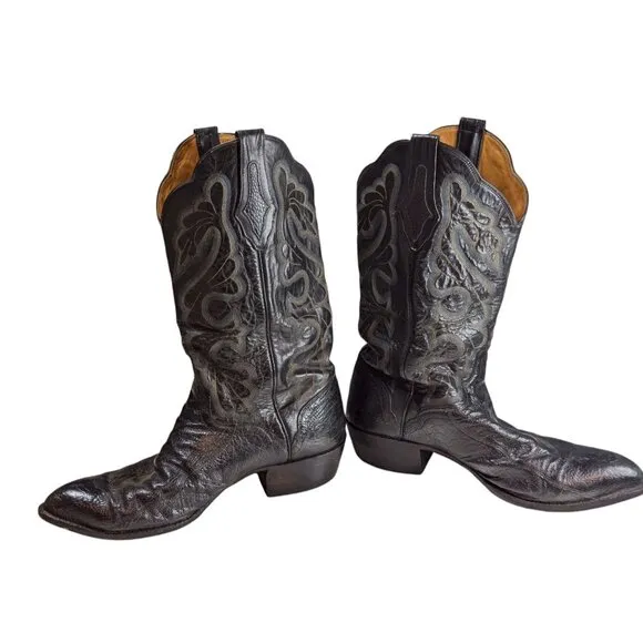 Vintage El Dorado Cowboy Boots Ostrich Leg 10.5 EE Black Leather Western Wear Fo