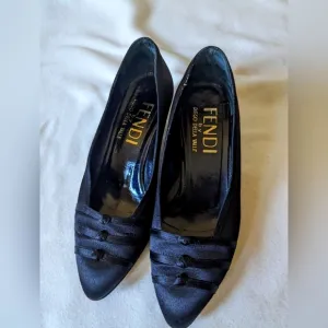Vintage Fendi by Diego Della Valle MidnightBlue Satin Dress low heels Shoes sz 7