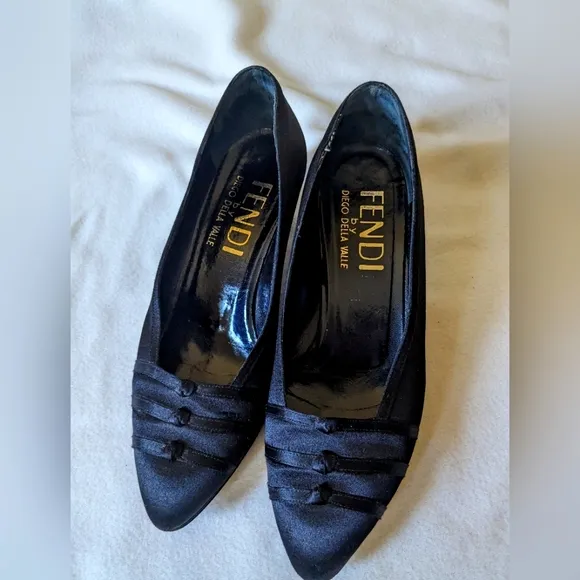 Vintage Fendi by Diego Della Valle MidnightBlue Satin Dress low heels Shoes sz 7