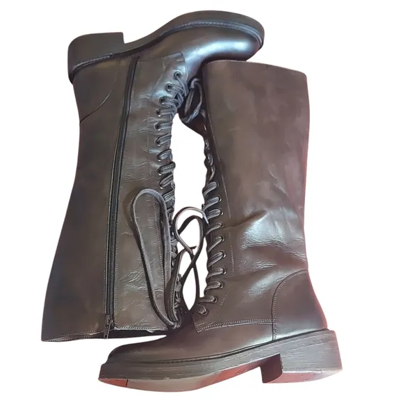 Vintage Foundry Brown Leather Lace-Up Western Booots Block Heel Womens