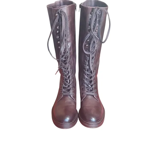 Vintage Foundry Brown Leather Lace-Up Western Booots Block Heel Womens
