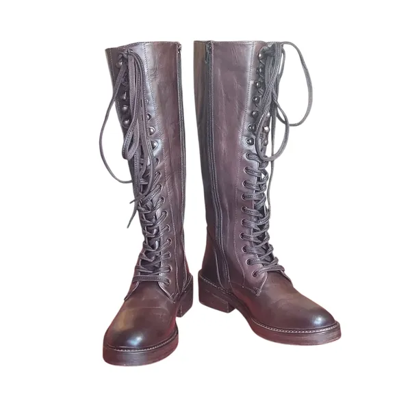 Vintage Foundry Brown Leather Lace-Up Western Booots Block Heel Womens