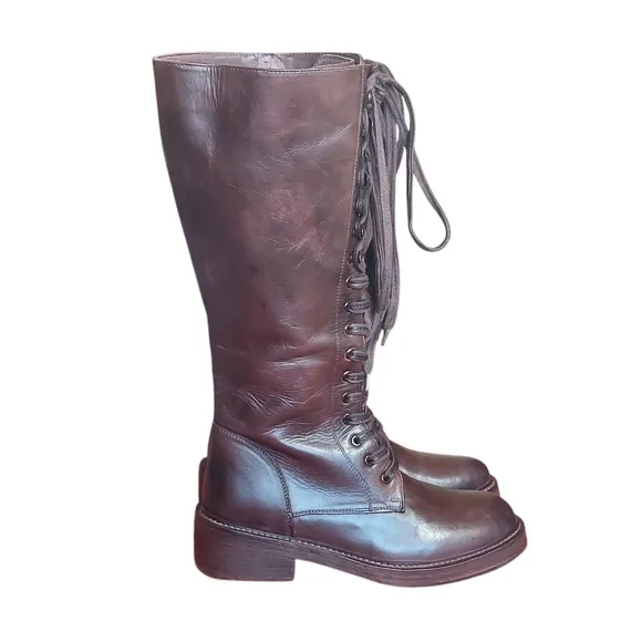 Vintage Foundry Brown Leather Lace-Up Western Booots Block Heel Womens