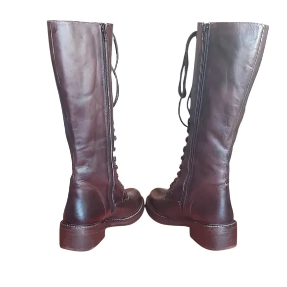 Vintage Foundry Brown Leather Lace-Up Western Booots Block Heel Womens