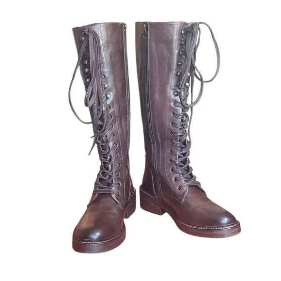 Vintage Foundry Brown Leather Lace-Up Western Booots Block Heel Womens